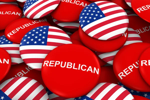我们选举-共和党竞选销和我们国旗按钮 3d 图 — 图库照片