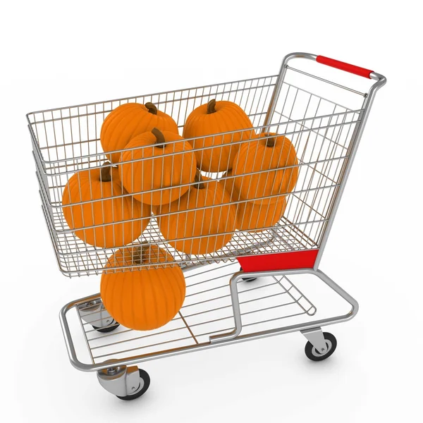 Supermarkt winkelwagen gevuld met pompoenen op witte achtergrond 3d illustratie — Stockfoto