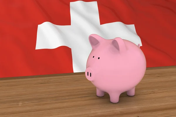 Schweiz finans konceptet - Piggybank framför schweiziska flaggan 3d Illustration — Stockfoto