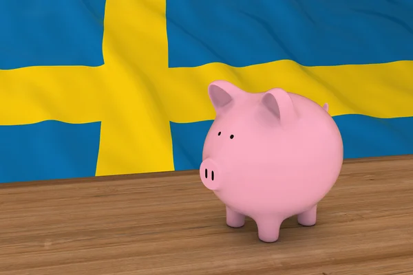 Sverige finans konceptet - Piggybank framför svenska flaggan 3d Illustration — Stockfoto