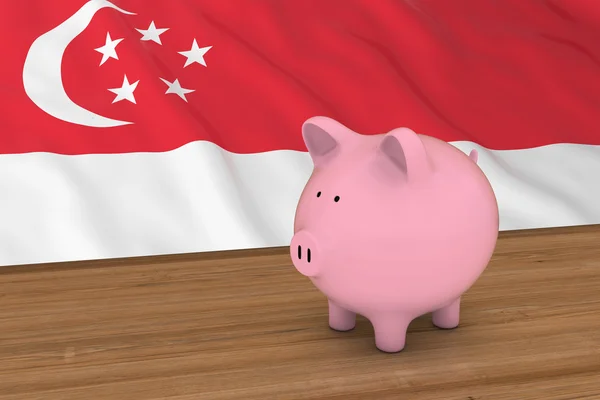 Conceito de Finanças de Singapura - Piggybank na frente da bandeira de Singapura ilustração 3D — Fotografia de Stock