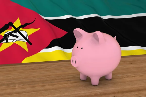 Conceito de Finanças de Moçambique - Piggybank em frente à Bandeira de Moçambique Ilustração 3D — Fotografia de Stock