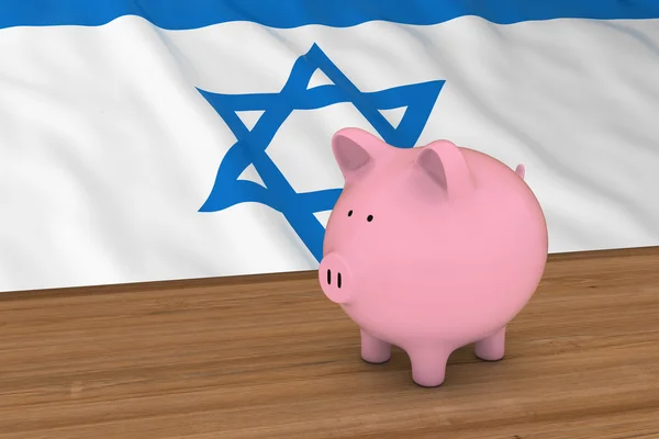 Israel Finance Concept - Piggybank delante de la bandera israelí Ilustración 3D — Foto de Stock