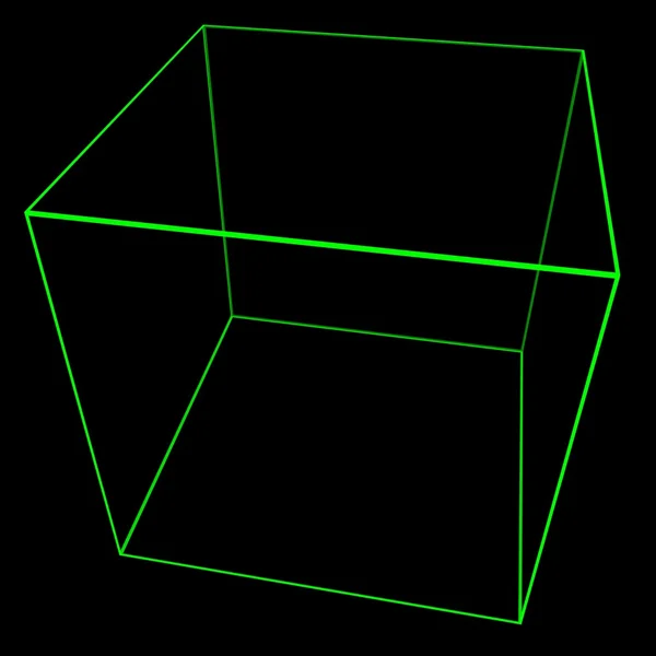 3D Cube Mesh with Glowing Green Edge Lines 3D Illustration — Stock Photo, Image