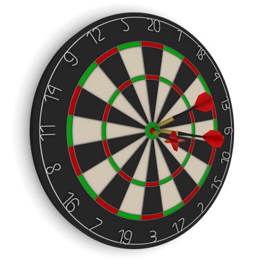 Dart tahtası üzerinde beyaz izole Bullseye üç kırmızı ok ile 3d çizim
