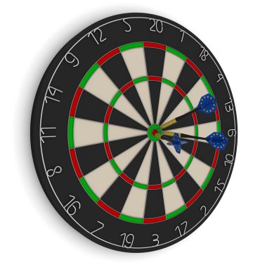 Dart tahtası üzerinde beyaz izole Bullseye üç AB bayrağı Dart ile 3d çizim