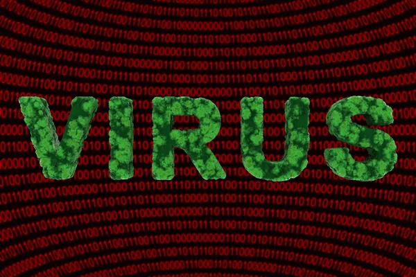 Computer Virus Concept - Testo del virus su sfondo codice binario 3D Illustrazione — Foto Stock