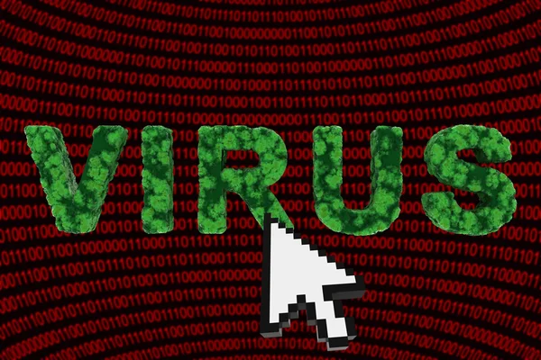 Computer Virus Concept - Testo del virus su sfondo codice binario 3D Illustrazione — Foto Stock