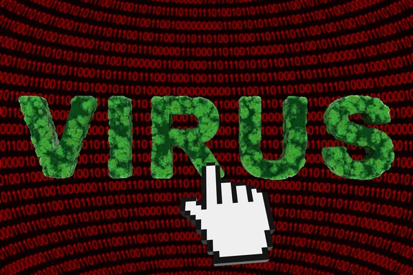 Concepto de virus informáticos - Texto del virus en el fondo del código binario Ilustración 3D —  Fotos de Stock