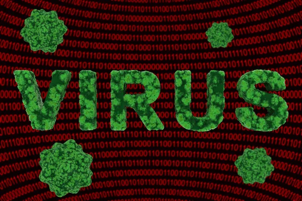 Wirus komputerowy koncepcja - wirus tekst na kod binarny 3d ilustracji tle — Zdjęcie stockowe