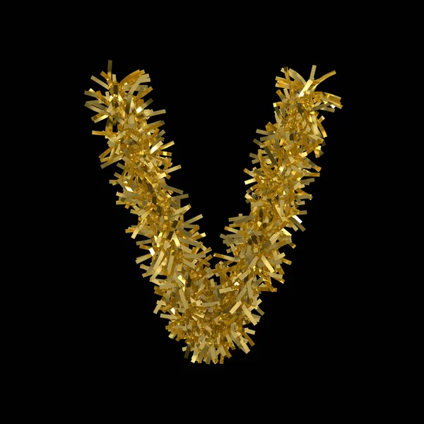 Lettera V realizzato in oro Christmas Tinsel isolato su nero - Illustrazione 3D — Foto Stock