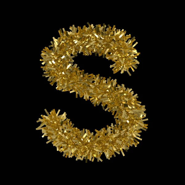 Buchstabe s aus goldenem Weihnachtslametta isoliert auf schwarz - 3d Illustration — Stockfoto