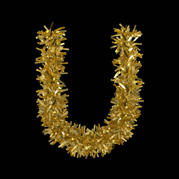 Letter U made from Gold Christmas Tinsel Isolated on Black - 3D Illustration