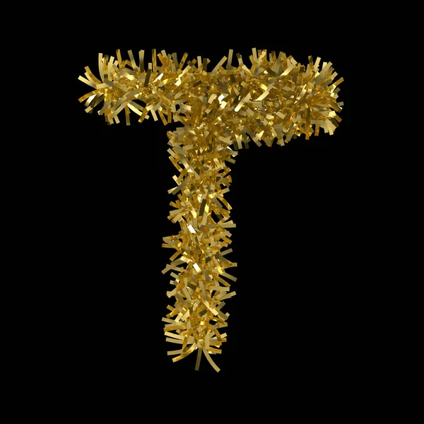 Lettera T realizzato in oro Christmas Tinsel isolato su nero - Illustrazione 3D — Foto Stock