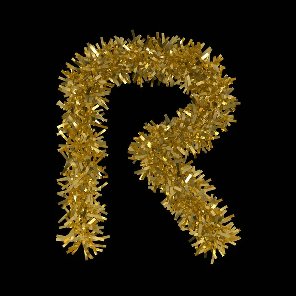 Buchstabe r aus goldenem Weihnachtslametta isoliert auf schwarz - 3D-Illustration — Stockfoto