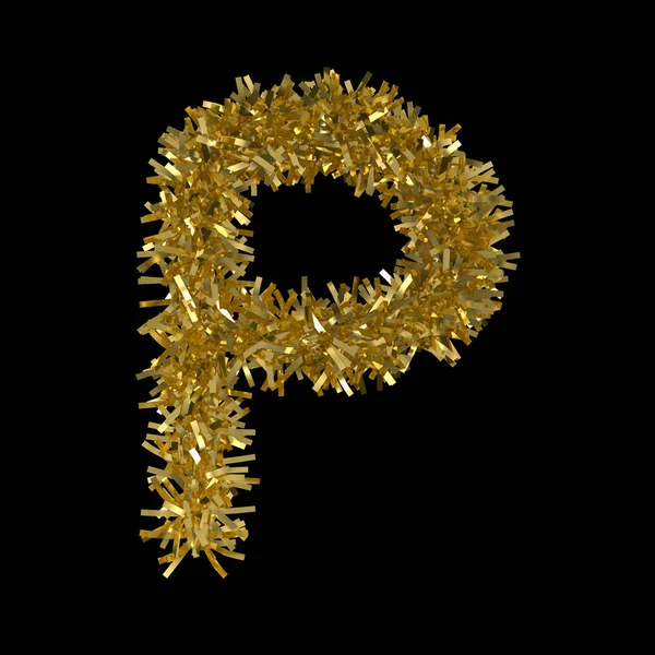 Altın Christmas Tinsel izole siyah - 3d çizim üzerinde yapılan P harfi — Stok fotoğraf