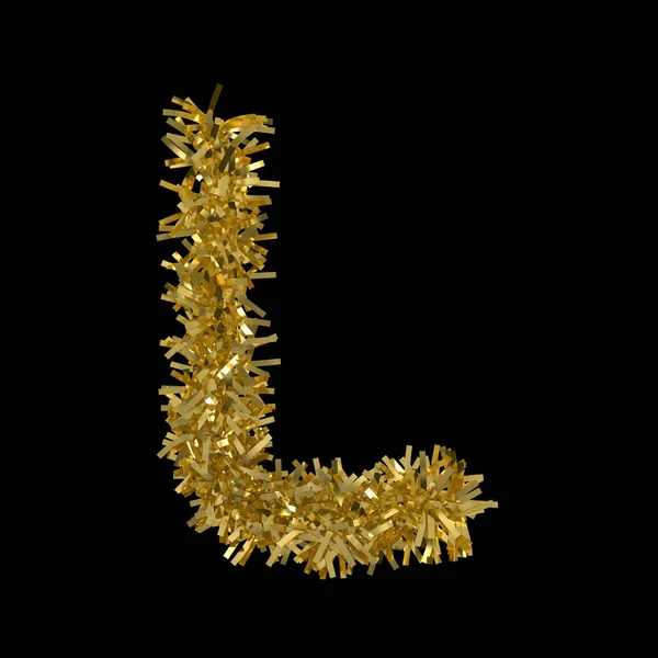 Lettre L en or Noël Tinsel isolé sur noir - Illustration 3D — Photo