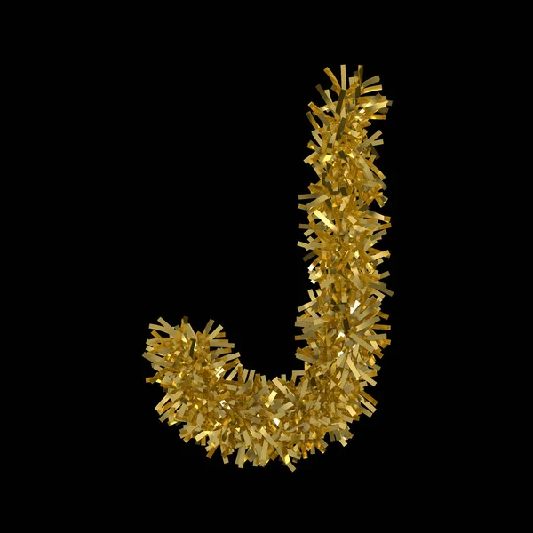 Лист J, зроблений із золотої різдвяної мішури ізольовано на чорному 3D ілюстрації — стокове фото