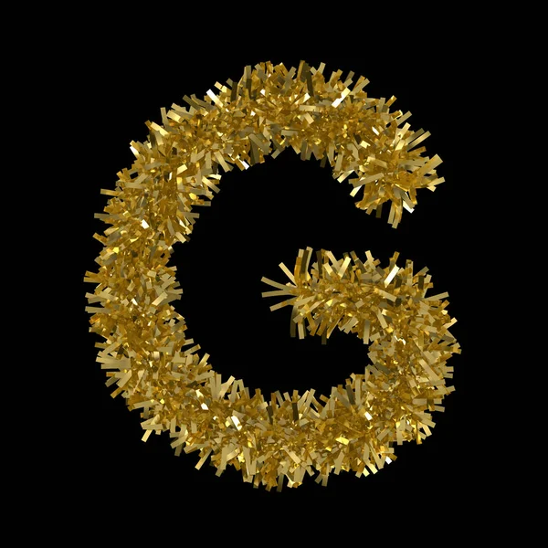 Buchstabe g aus goldenem Weihnachtslametta isoliert auf schwarz - 3D-Illustration — Stockfoto