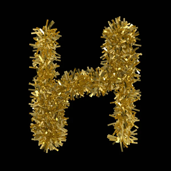 Лист H зроблений із золотої різдвяної мішури ізольовано на чорному 3D ілюстрації — стокове фото