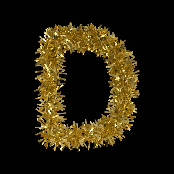 Buchstabe d aus goldenem Weihnachtslametta isoliert auf schwarz - 3D-Illustration — Stockfoto