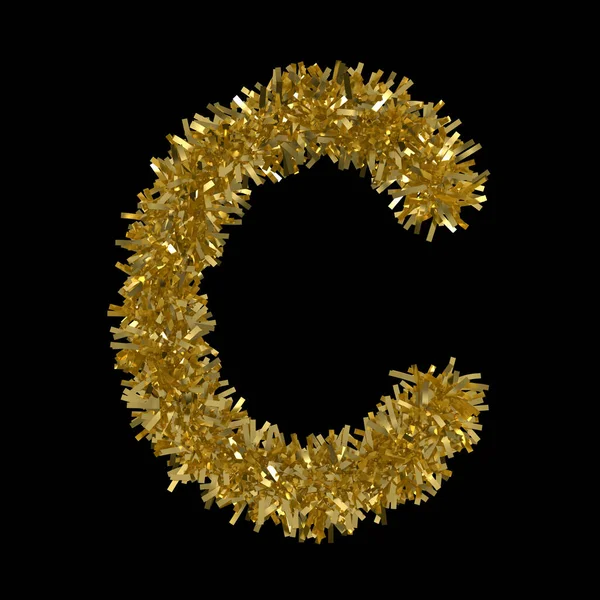 Buchstabe c aus goldenem Weihnachtslametta isoliert auf schwarz - 3D-Illustration — Stockfoto