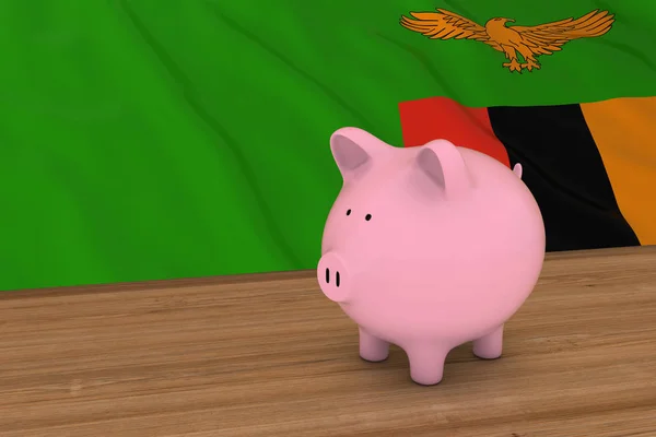 Zambia Finance Concept - Piggybank delante de Zambian Flag 3D Illustration —  Fotos de Stock