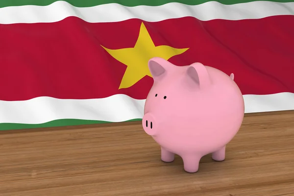 Conceito de Financiamento do Suriname - Piggybank na frente da Bandeira do Suriname Ilustração 3D — Fotografia de Stock