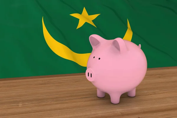 Conceito de Finanças da Mauritânia - Piggybank em frente à bandeira mauritana ilustração 3D — Fotografia de Stock