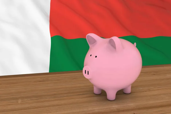 Концепция финансирования Мадагаскара - Piggybank перед Malagasy Flag 3D Illustration — стоковое фото