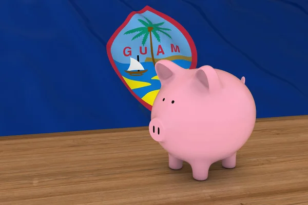 Guam finans konceptet - Piggybank framför Guamanian flaggan 3d Illustration — Stockfoto