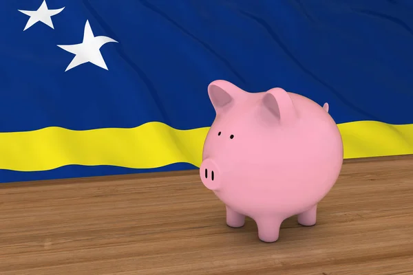 Conceito de Financiamento de Curaçao - Piggybank na frente da Bandeira Curacaon Ilustração 3D — Fotografia de Stock