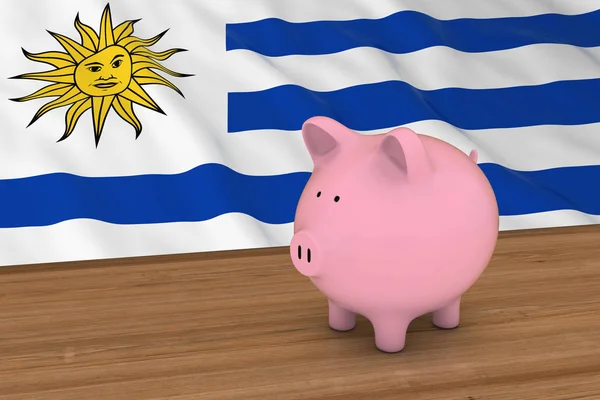 Konsep Keuangan Uruguay Piggybank di depan bendera Uruguay 3D Illustration — Stok Foto