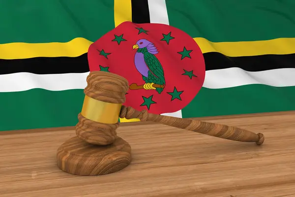 Dominican Law Concept - Bandiera di Dominica dietro l'illustrazione 3D Gavel del giudice — Foto Stock