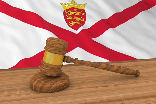 Concepto de Ley de las Islas del Canal - Bandera de Jersey Detrás del Martillo del Juez Ilustración 3D —  Fotos de Stock