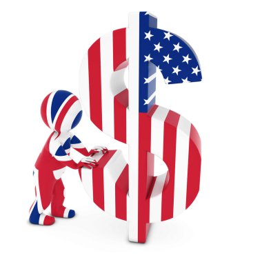 İngiltere bayrak bayrak Doları bize iterek 3d adam karakter sembol 3d çizim