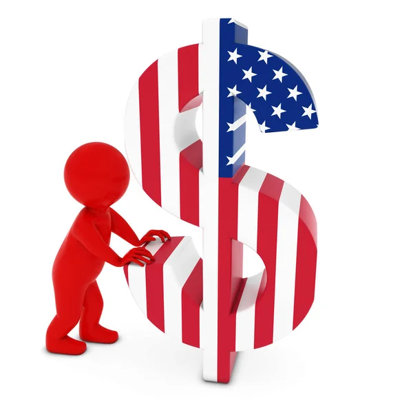 3D Man Character Pushing US Flag Dollar Symbol 3D Illustration — Stock Photo, Image