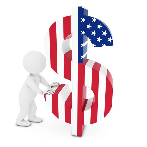 3D Man Character Pushing US Flag Dollar Symbol 3D Illustration — Stock Photo, Image