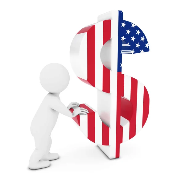 Personaje del hombre 3D que empuja la bandera estadounidense símbolo del dólar Ilustración 3D — Foto de Stock