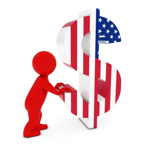 3D Man Character Pushing US Flag Dollar Symbol 3D Illustration — Stock Photo, Image