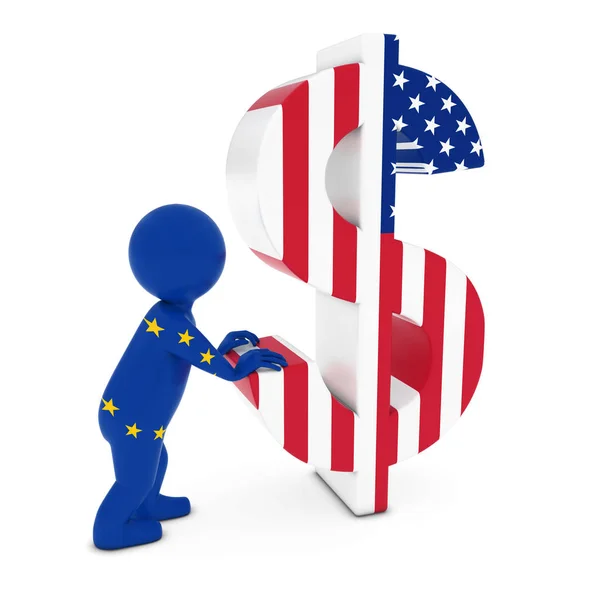 EU Flag 3D Man Character Pushing US Flag Dollar Symbol 3D Illustration — Stock Photo, Image