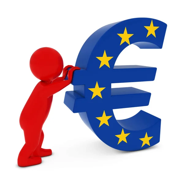 3D man karaktär driver Eu-flaggan Euro Symbol 3d Illustration — Stockfoto