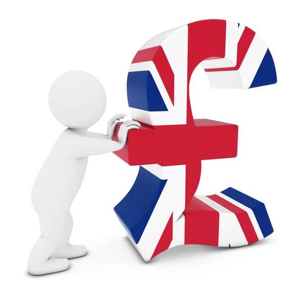 Symbol 3D człowiek charakter pchanie Funt Wielkiej Brytanii flaga ilustracja 3d — Zdjęcie stockowe