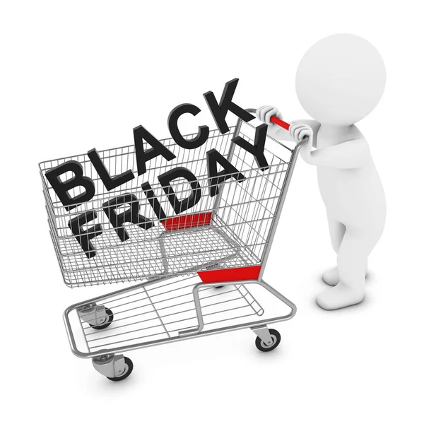 Caráter de homem 3D empurrando carrinho de compras com Black Friday Texto Ilustração 3D — Fotografia de Stock