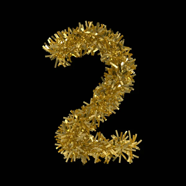 Numero due realizzato in oro Christmas Tinsel isolato su nero - Illustrazione 3D — Foto Stock