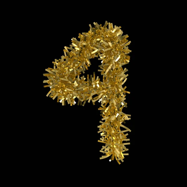 Numero quattro realizzato in oro Christmas Tinsel isolato su nero - Illustrazione 3D — Foto Stock