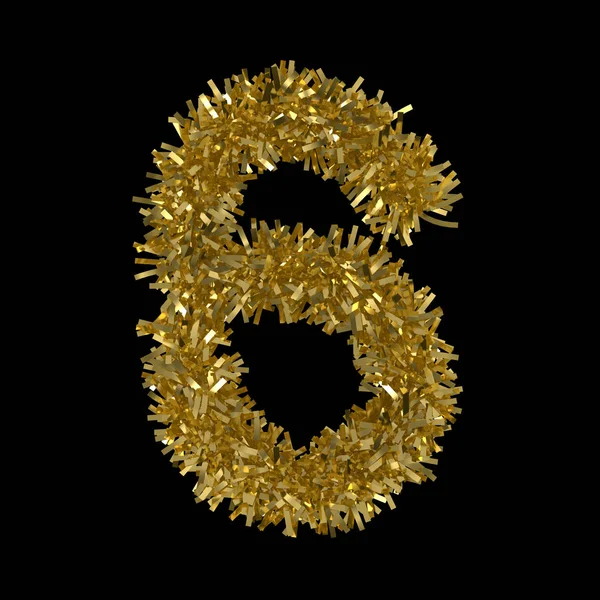 Number Six made from Gold Christmas Tinsel Isolated on Black - 3D Illustration — Stock Photo, Image