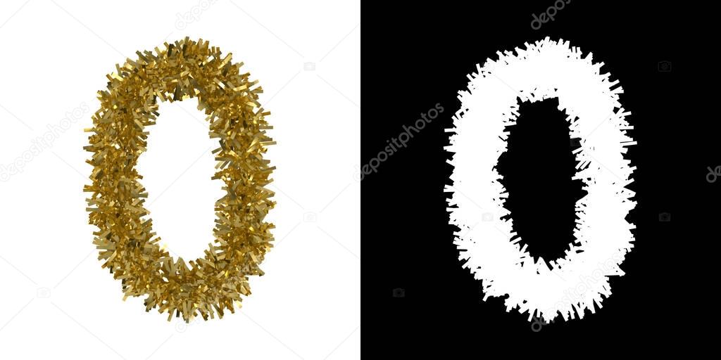 Number Zero Christmas Tinsel with Alpha Mask Channel for Clipping - 3D Illustration