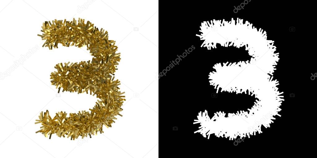 Number Three Christmas Tinsel with Alpha Mask Channel for Clipping - 3D Illustration