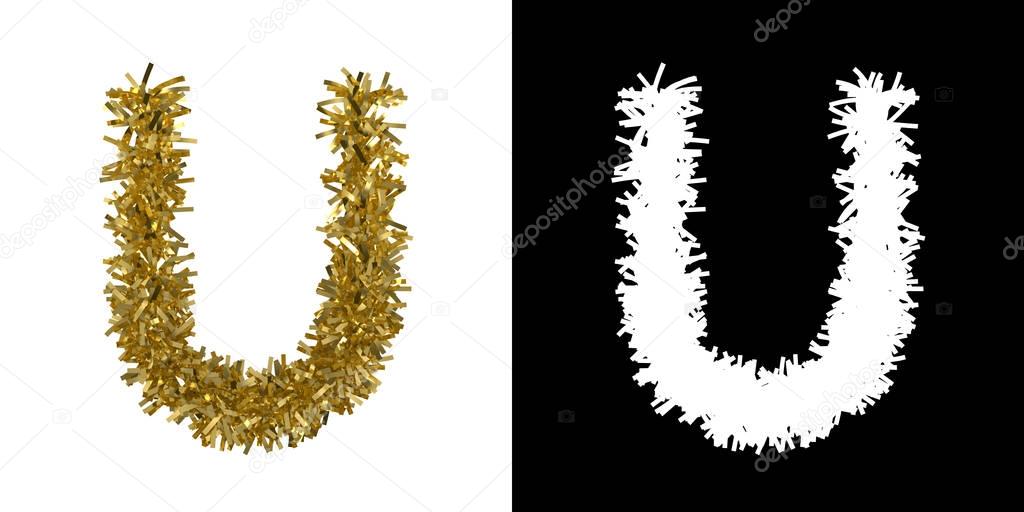 Letter U Christmas Tinsel with Alpha Mask Channel for Clipping - 3D Illustration